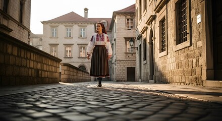 A woman in traditional attire strolls down a cobbled street, framed by historic stone buildings.