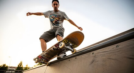 A skateboarder balances precariously on a rail, bathed in warm sunlight, ready for a great trick.