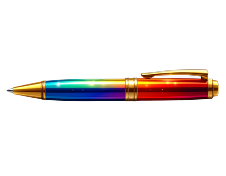  Rainbow Metallic Ballpoint Pen with Gold Clip, Horizontal Front View, Isolated on Transparent Background