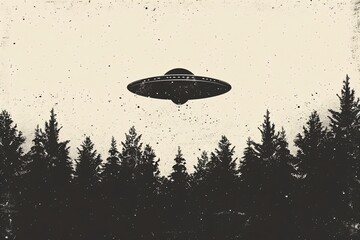 Fototapeta premium Ufo flying over pine forest, a classic alien spaceship sighting in a peaceful natural environment. Extraterrestrial encounter illustration.