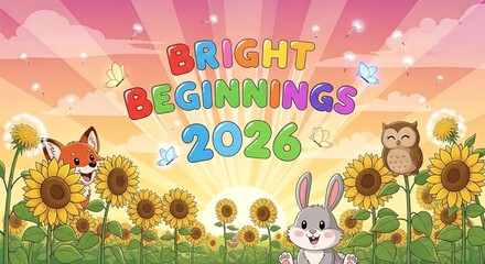 Fototapeta premium Bright Beginnings 2026 with cute animals in a sunflower field.