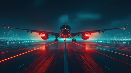 Futuristic commercial airplane on airport runway at night with glowing neon red engines