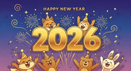 Happy New Year 2026 celebration with cute cartoon animals.