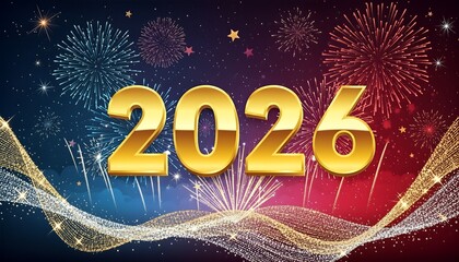 Happy New Year 2026 celebration with golden numbers and fireworks.