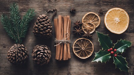 Christmas holiday flat lay with natural decorations pine cones and spices on rustic wood table