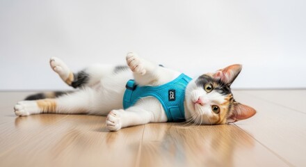 A Calico Cat in a Blue Harness Relaxing on a Wooden Floor
