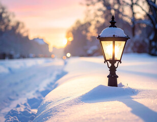 Shadow of a street lamp falling over snow-covered sidewalk, 