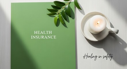A green background with health insurance text and a candle