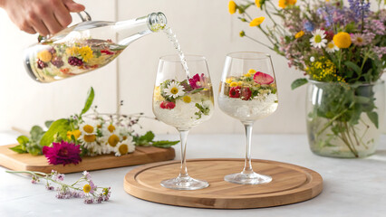 Pouring refreshing flower infused water into a glass with edible flowers on a wooden board, surrounded by a bouquet of wildflowers on a white table