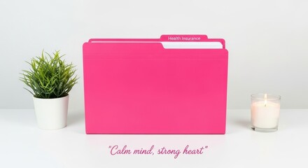 A pink folder with Health Insurance label containing medical documents