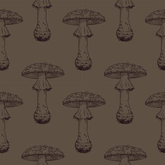 Seamless vector pattern of fly agaric mushrooms. All objects are hand-drawn in ink and converted into vector. The illustration is suitable for printing on kitchen textiles, product packaging, paper.