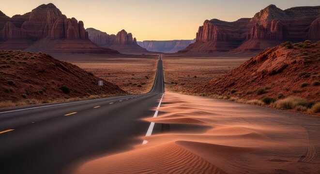 A long road leading through a desert landscape at sunset - Powered by Adobe