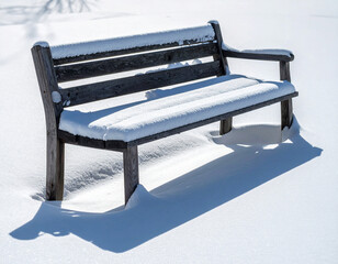 Shadow of snow-covered bench on white ground