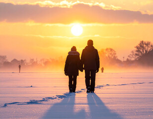 Shadow of two people walking side by side on snow-covered field