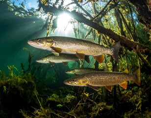 Underwater shot of fish swimming near aquatic plants with sunlight filtering