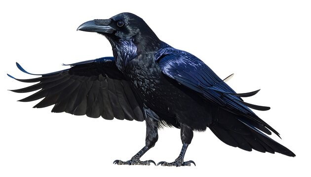 Glossy black bird with spread wings posing against stark white background