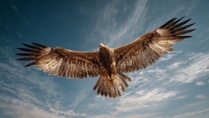 Obraz premium A majestic eagle with outstretched wings soars through a cloudy blue sky