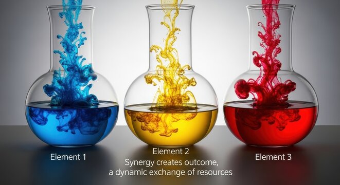 Colored liquid solutions mixing in laboratory flasks