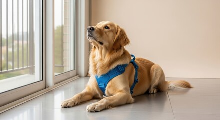 Golden Retriever dog wearing harness looking out window indoors