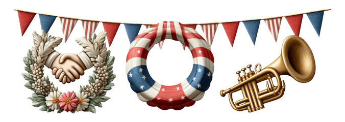 Festive Decorative Elements with Wreath, Lifebuoy, and Brass Instrument