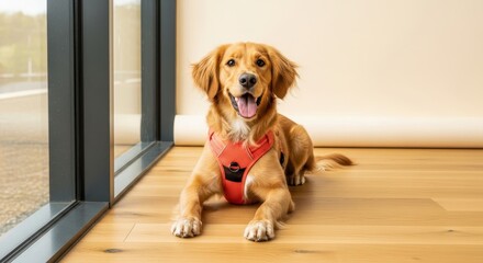 Happy Golden Retriever Dog Lying Down Indoors Posing with Red Harness