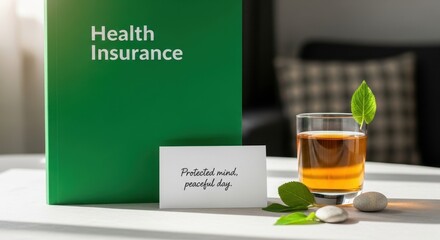 Health insurance concept with glass of tea and calming message