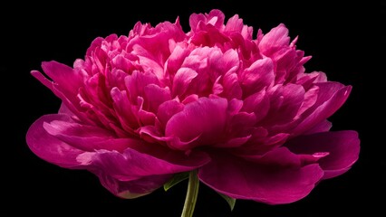 Fototapeta premium A vibrant pink peony flower with layered petals against a deep black background