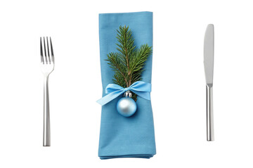 Christmas table setting with blue napkin isolated on transparent background