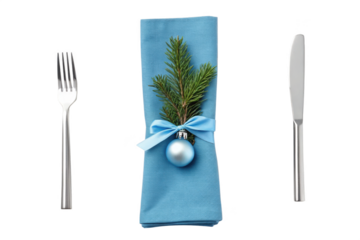 Christmas table setting with blue napkin isolated on transparent background