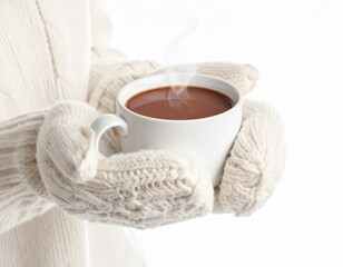 Close-up of hands wearing mittens holding a warm cocoa mug on white background