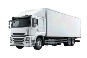 Modern delivery truck in matte white with aerodynamic cab and visible rivet lines, detailed rubber tread on front wheel, isolated on transparent background
