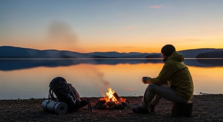 Person enjoying sunset view near lake by campfire