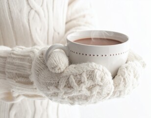 Close-up of hands wearing mittens holding a warm cocoa mug on white background