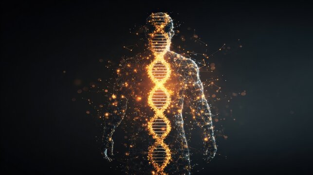 Silhouette of a human figure filled with glowing DNA strands, showcasing the fusion of biology and digital technology against a dark background.