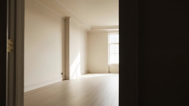 Bright, empty room with large window and wooden floor