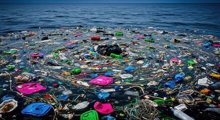 Polluted ocean filled with plastic waste and garbage