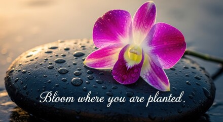 Purple Orchid Blooming on Wet Stone with Inspirational Quote