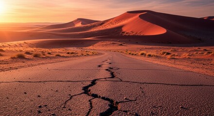 Road cracked through desert landscape at sunset hour