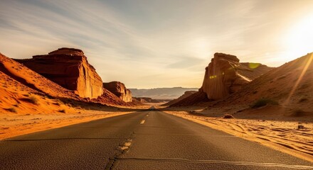 Road leading through the desert landscape at sunset