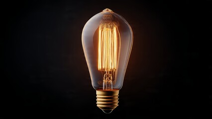 Detailed close up view of a glowing Edison filament light bulb against a dark background