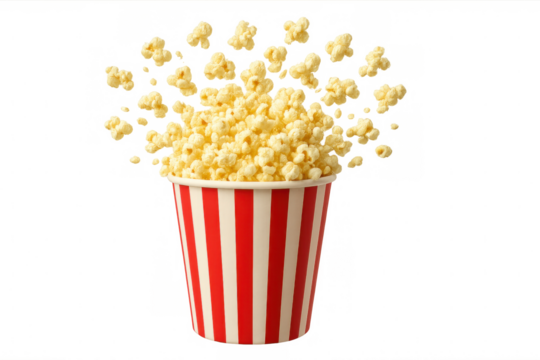 Popcorn bursting from a striped cinema bucket, celebrating movie night, entertainment, and snack time on transparent background