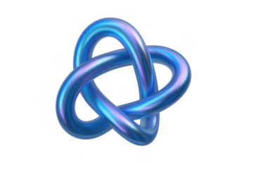 Iridescent blue metallic torus knot abstract 3d shape generating complex geometric loop form on transparent background