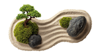 Compact zen garden with two smooth river stones and a tiny moss bonsai set diagonally, raked sand arcs crossing at the center, isolated on transparent background
