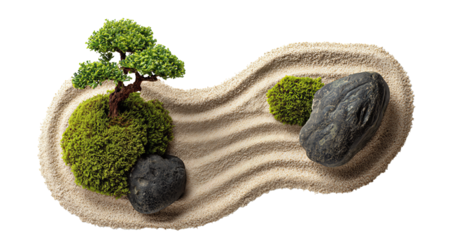 Compact zen garden with two smooth river stones and a tiny moss bonsai set diagonally, raked sand arcs crossing at the center, isolated on transparent background
