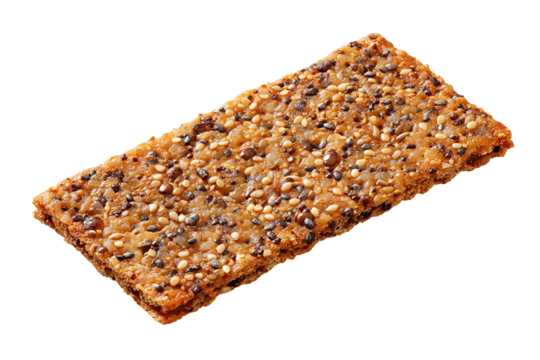 Rustic rectangular cracker topped with sesame, flax, and pumpkin seeds, lightly toasted edges and crisp crumb detail, isolated on transparent background
