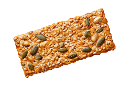 Rustic rectangular cracker topped with sesame, flax, and pumpkin seeds, lightly toasted edges and crisp crumb detail, isolated on transparent background
