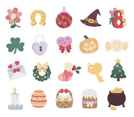 Festive attribute set in scandinavian style showing traditional christmas easter halloween and valentine decorations that celebrate joy family warmth and meaningful seasonal holiday traditions