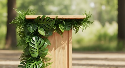 A wooden lectern decorated with lush green tropical leaves like monstera and fern, set up for a presentation in a natural forest setting