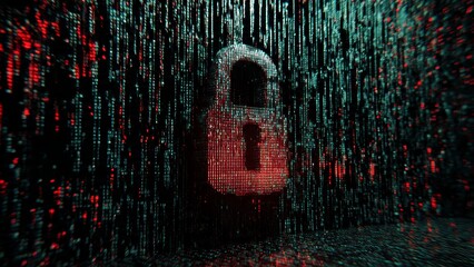 A digital padlock symbol composed of flowing binary code with red and teal lights against a dark background