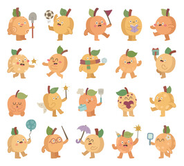 Obraz premium Apricot character set in scandinavian style showing different emotions and poses while playing with soccer ball, reading book, holding gift, balloon, mirror, sparkler, heart